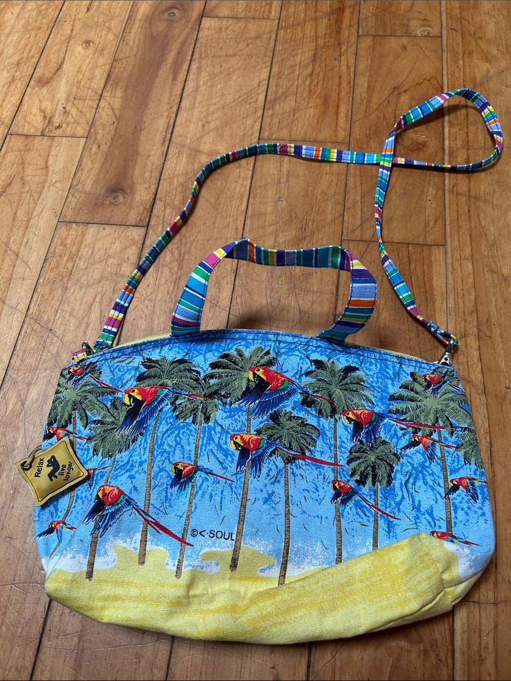 C-Soul Blue Tropical Parrot Canvas Tote with Striped Strap